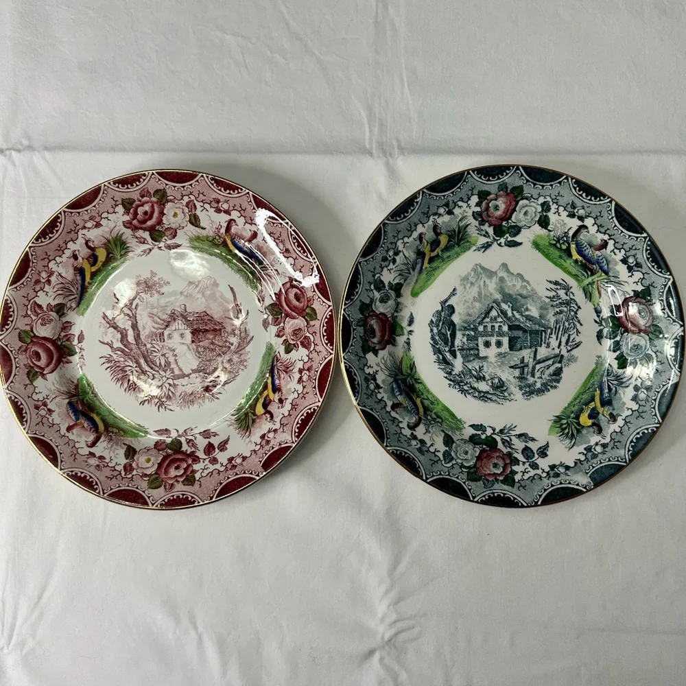 Decorative Floral Transferware Dinner Plates - Set of 2 (Red & Green)